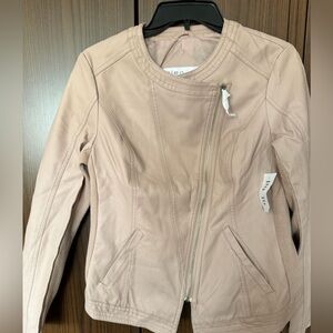 peach faux leather jacket with zipper details